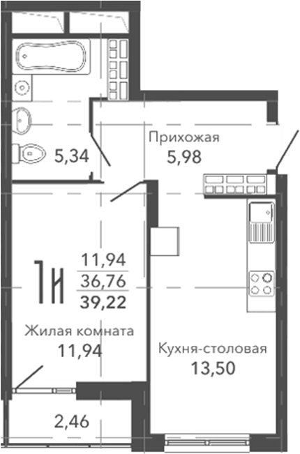 Планировка 1-к.кв, 39,22 м² в ЖК Шишкин. Жилая среда